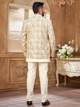 Cream raw silk textured indowestern jacket for a regal touch