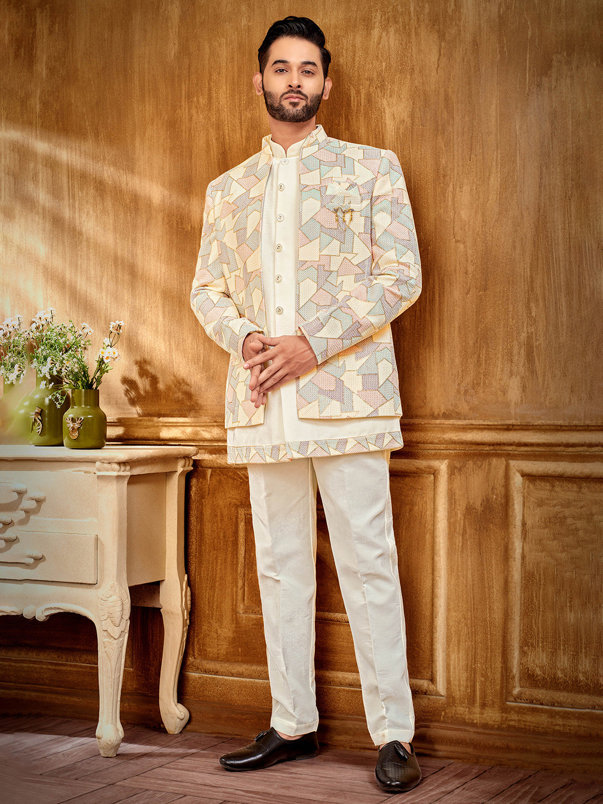 Cream raw silk textured indowestern jacket for a regal touch