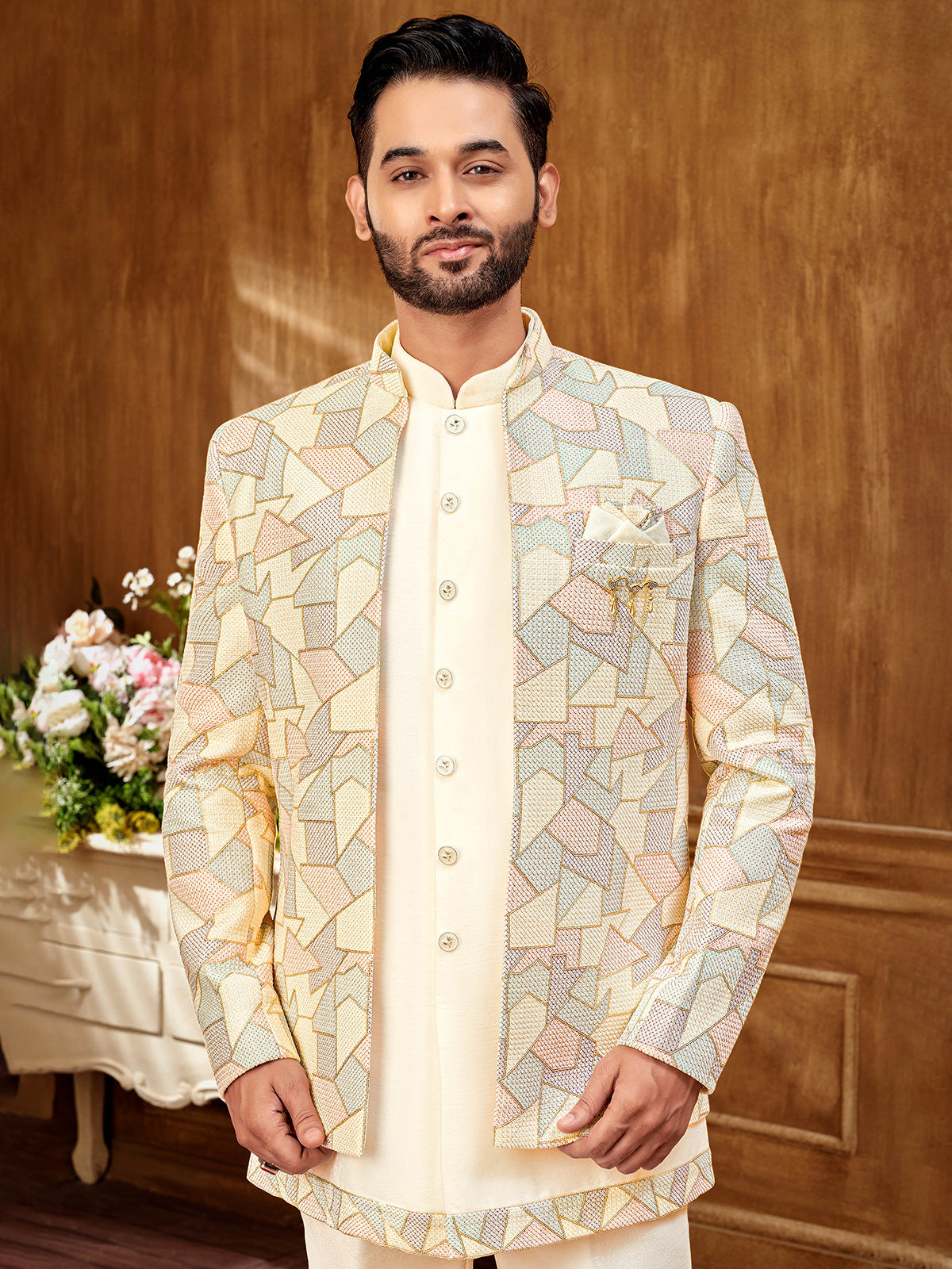 Cream raw silk textured indowestern jacket for a regal touch