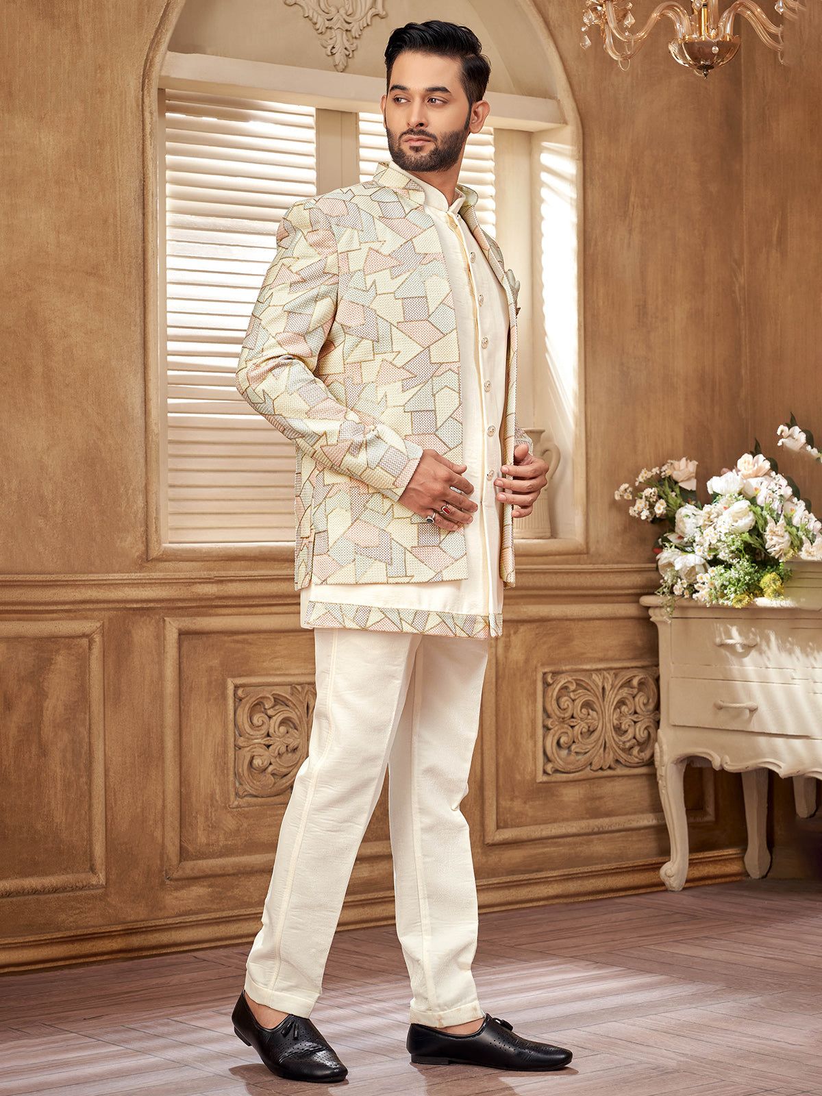 Cream raw silk textured indowestern jacket for a regal touch