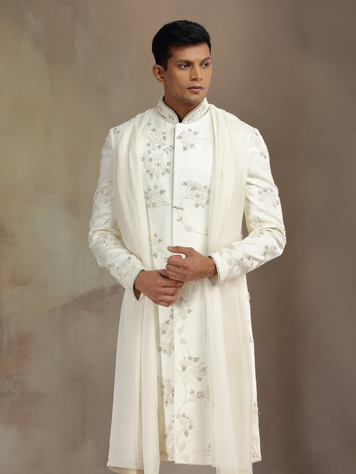 Cream satin linen sherwani with dupatta
