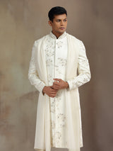 Cream satin linen sherwani with dupatta