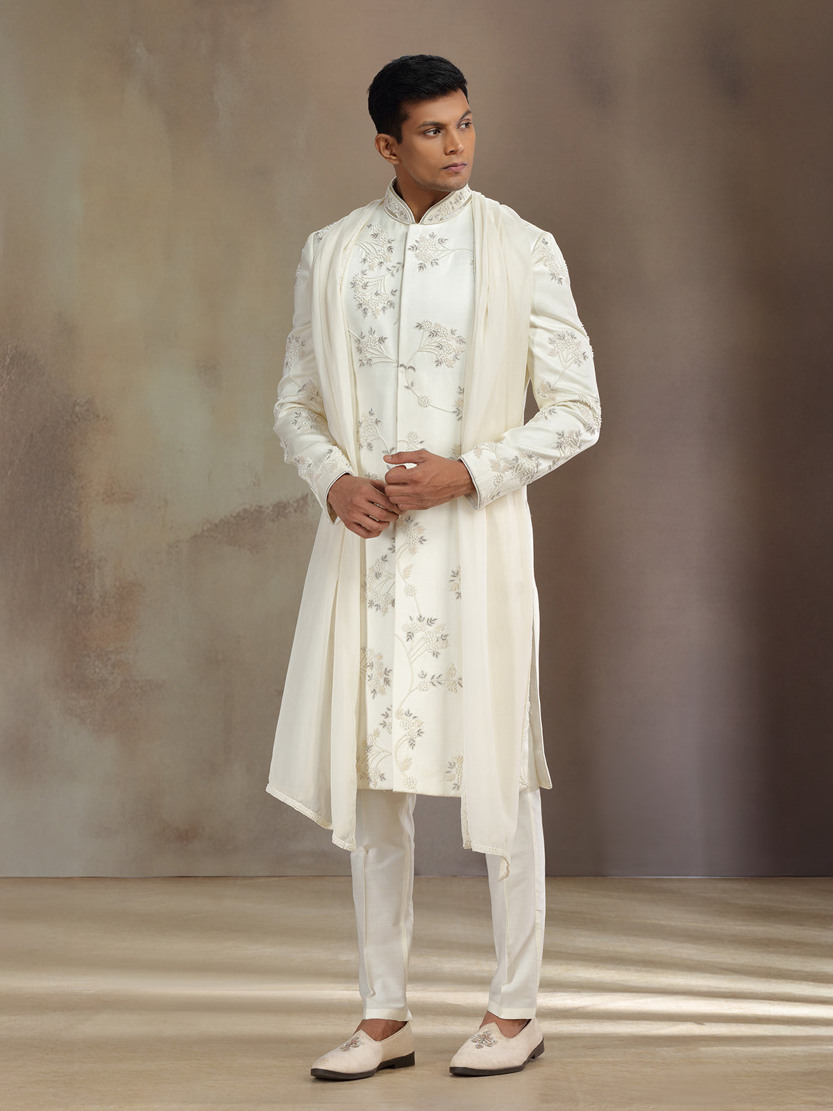 Cream satin linen sherwani with dupatta