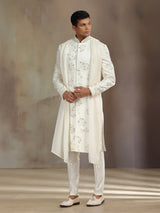 Cream satin linen sherwani with dupatta