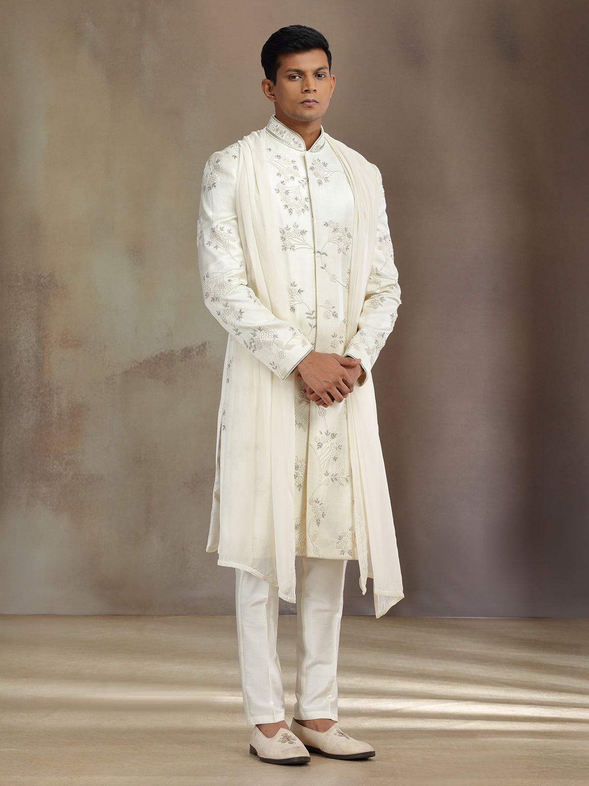 Cream satin linen sherwani with dupatta