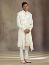 Cream satin linen sherwani with dupatta