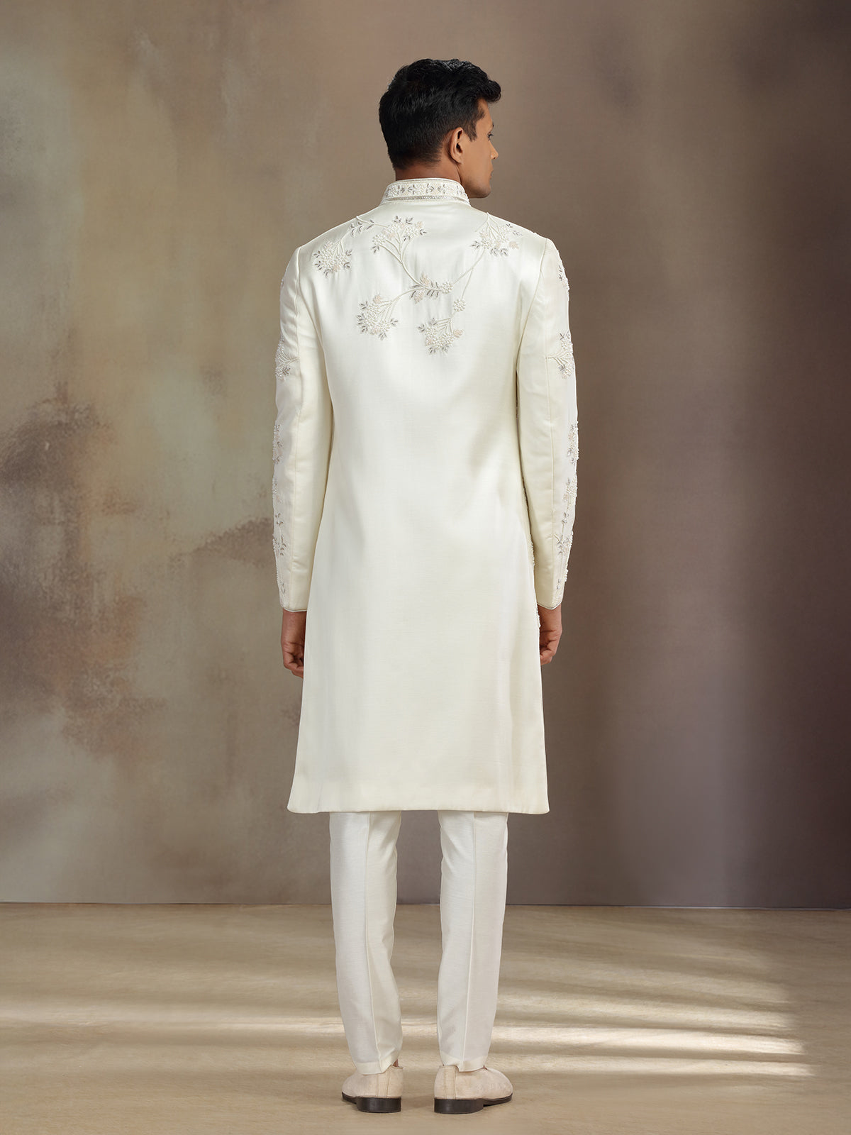 Cream satin linen sherwani with dupatta