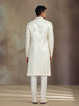Cream satin linen sherwani with dupatta