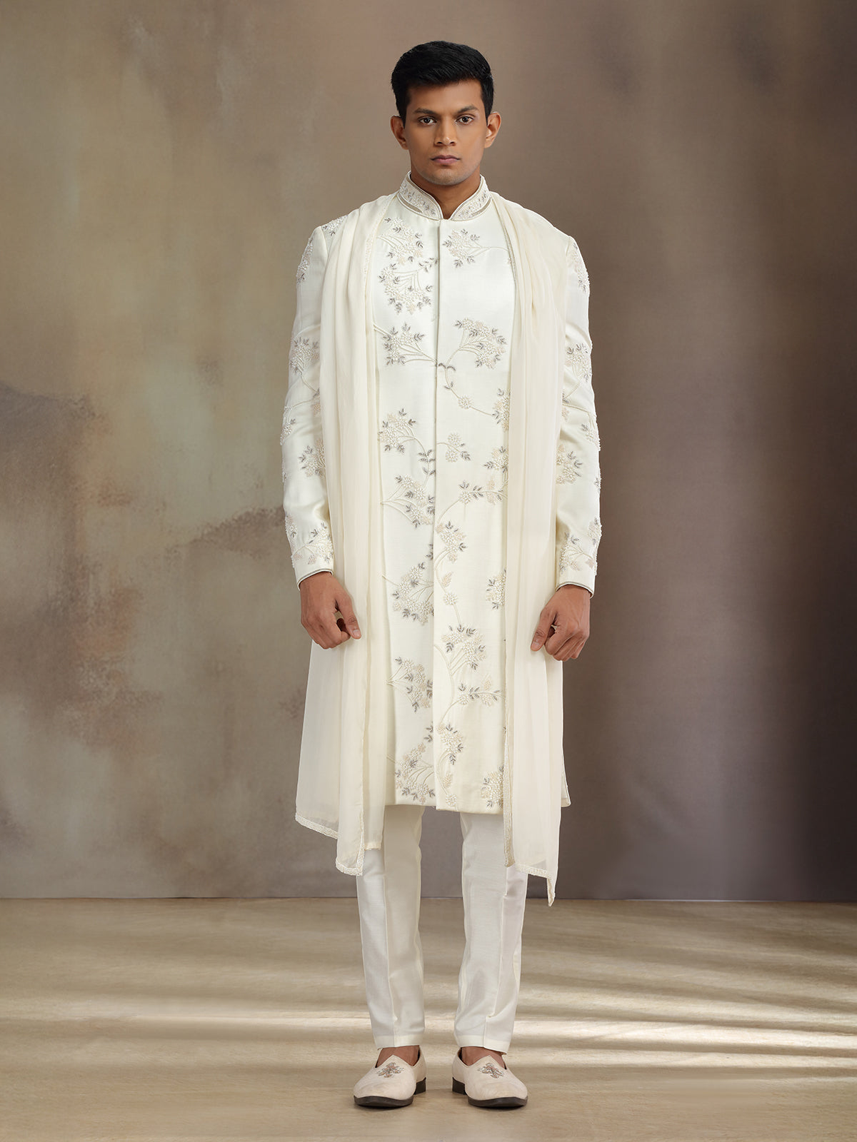 Cream satin linen sherwani with dupatta