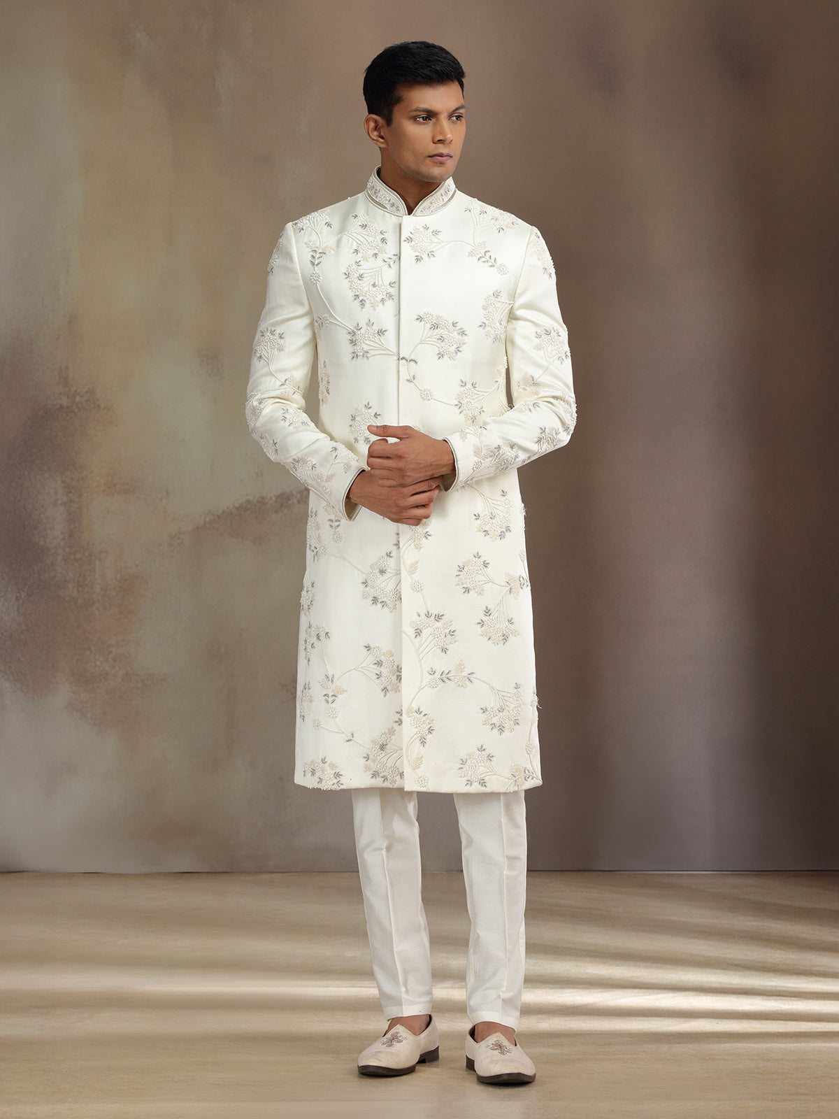 Cream satin linen sherwani with dupatta