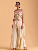 Cream satin silk palazzo suit with dupatta