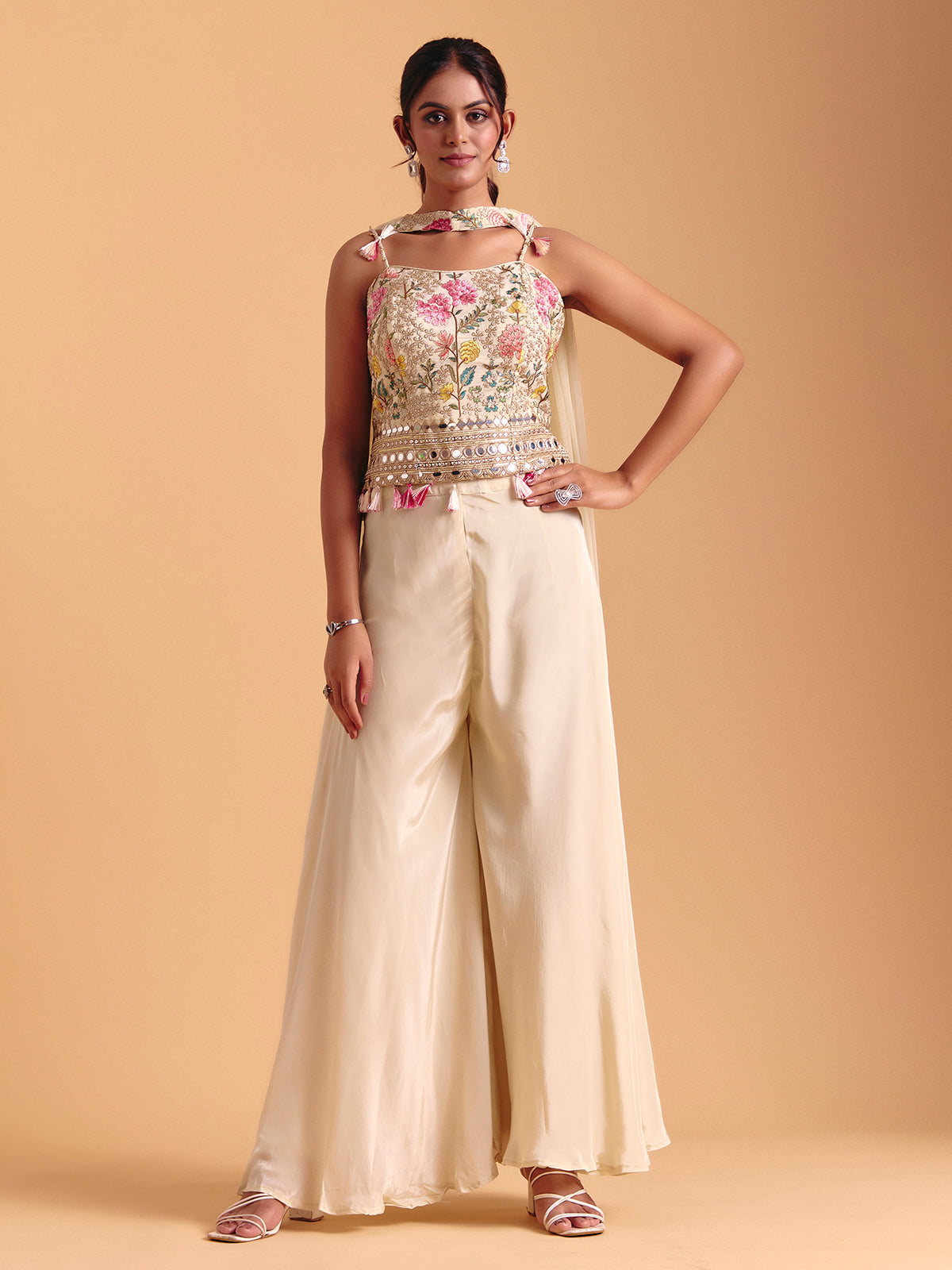 Cream satin silk palazzo suit with dupatta