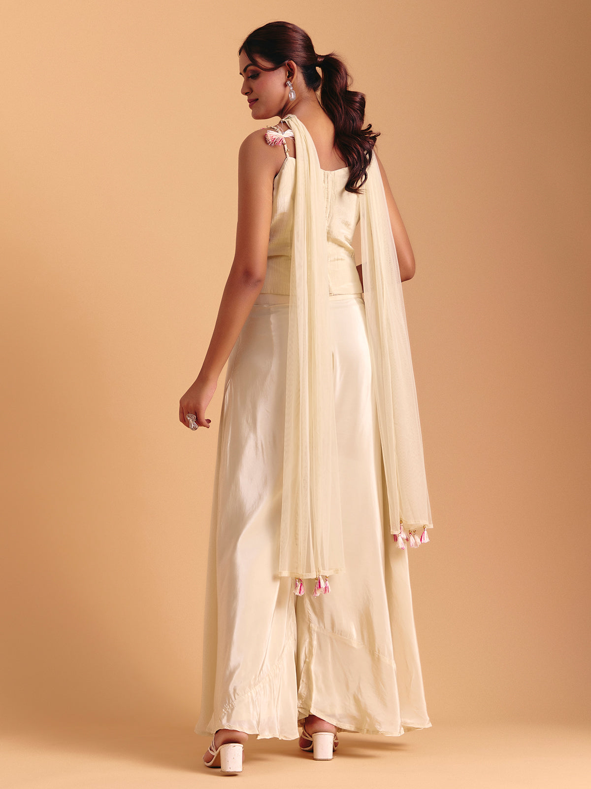 Cream satin silk palazzo suit with dupatta