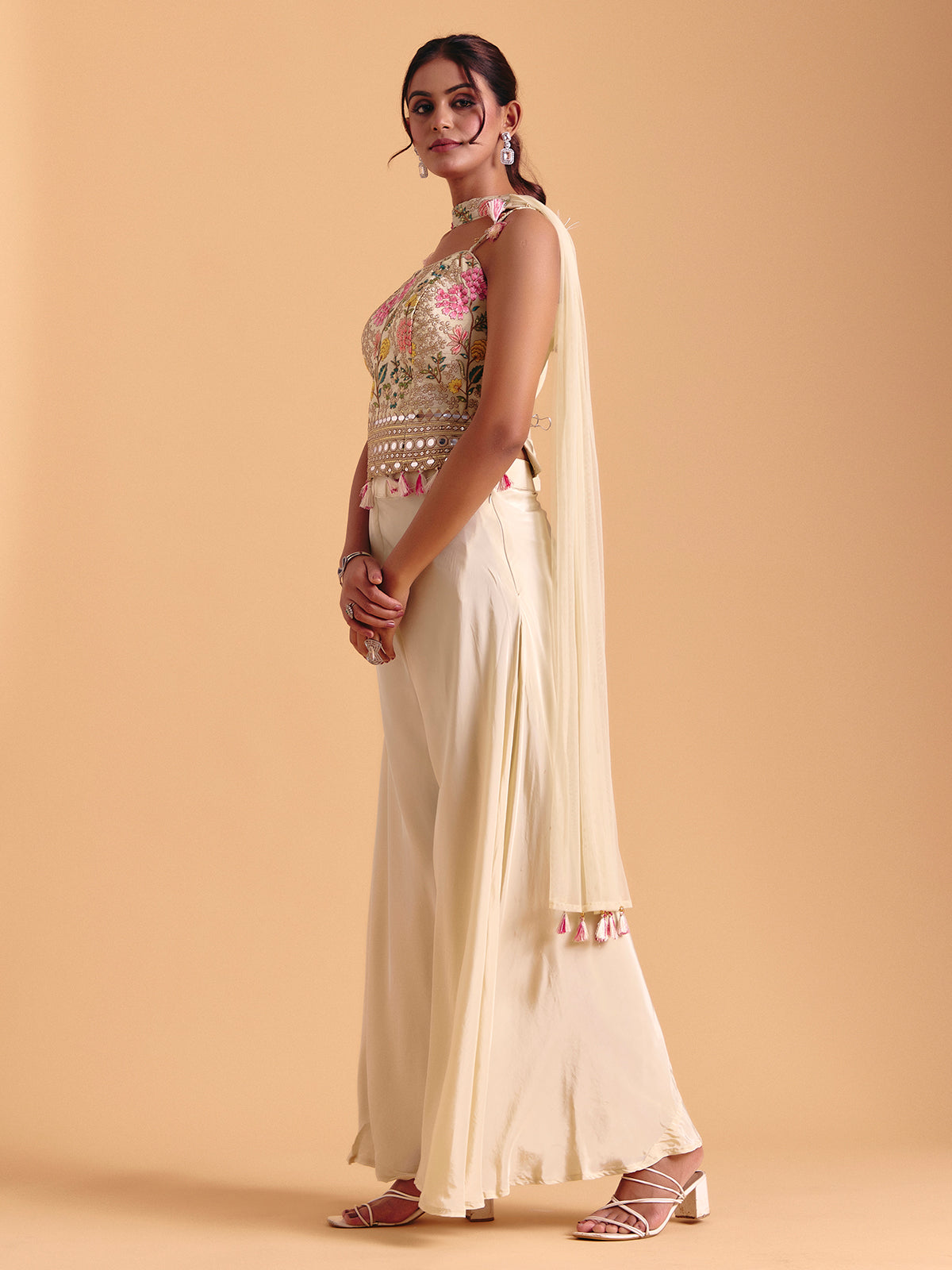 Cream satin silk palazzo suit with dupatta