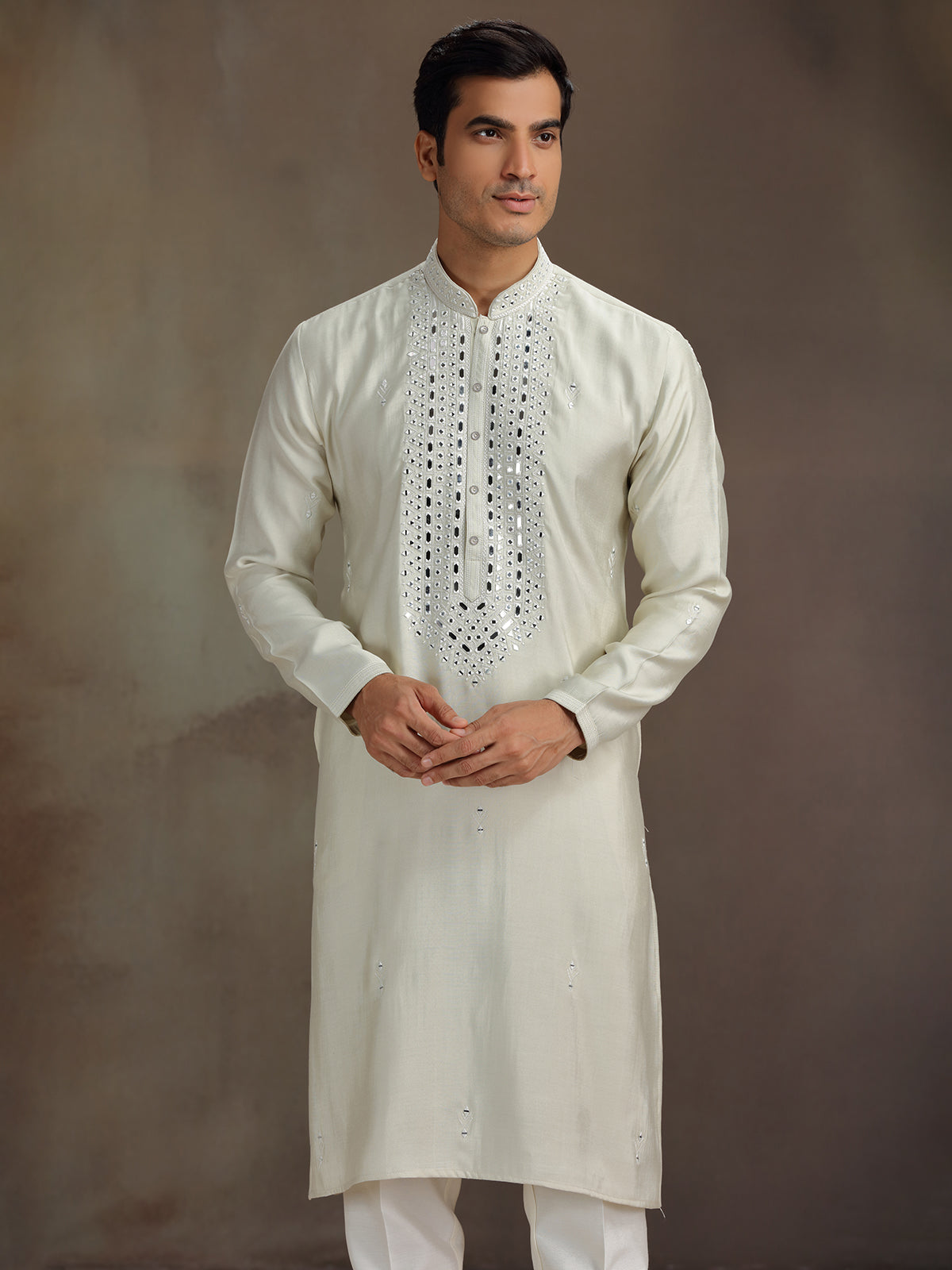 Cream silk embroidered work kurta suit for festive