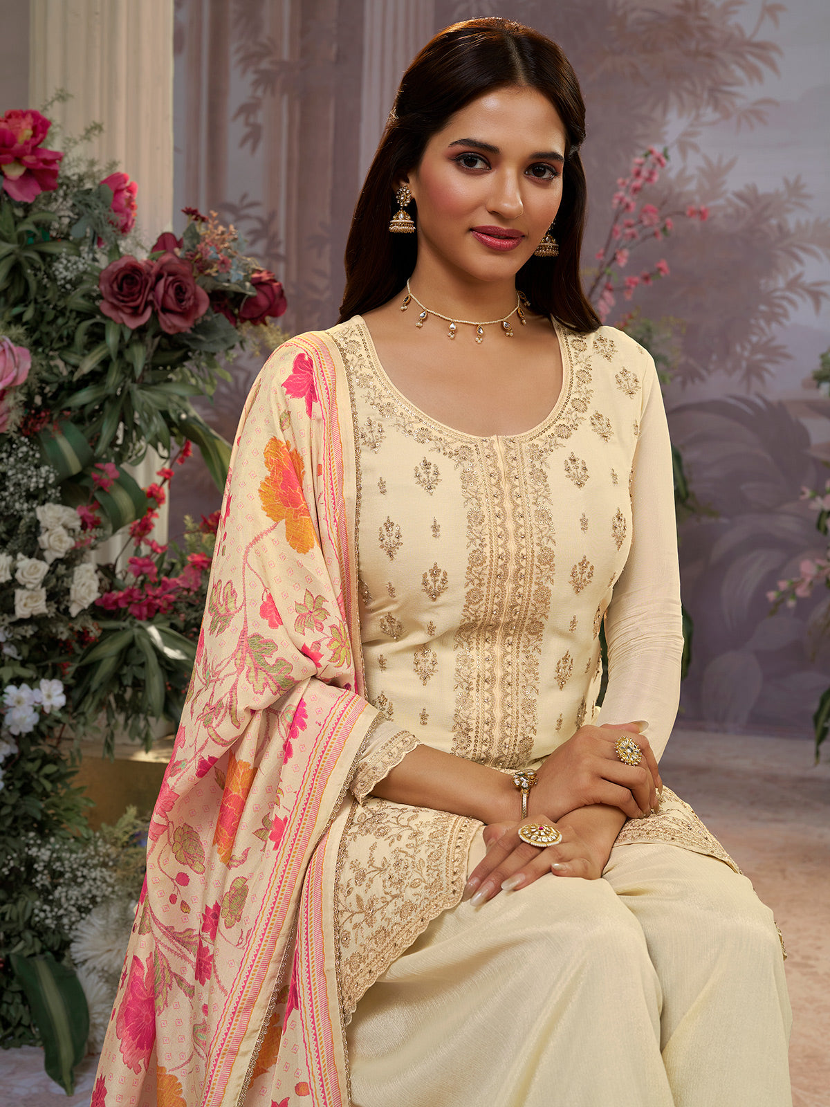 Cream silk festive wear palazzo suit with printed dupatta