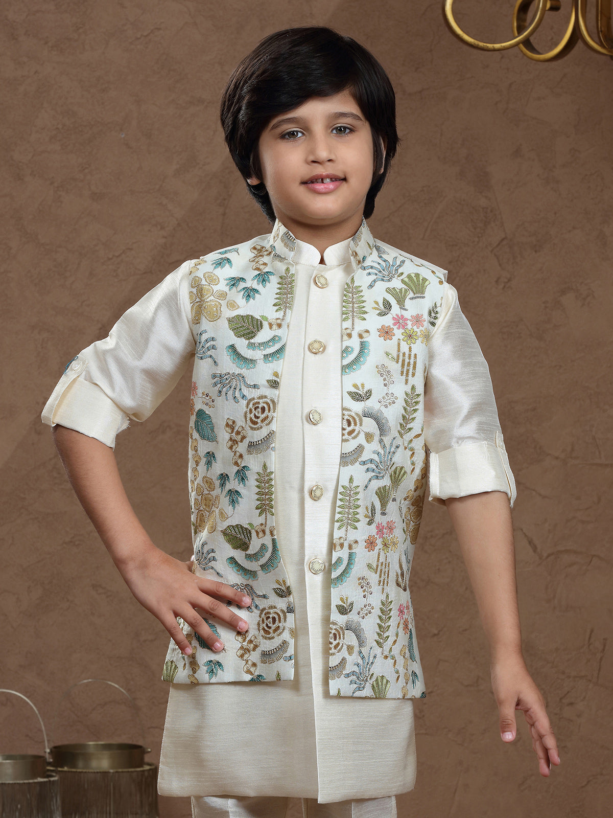 Cream silk jacket style waistcoat set with resham work