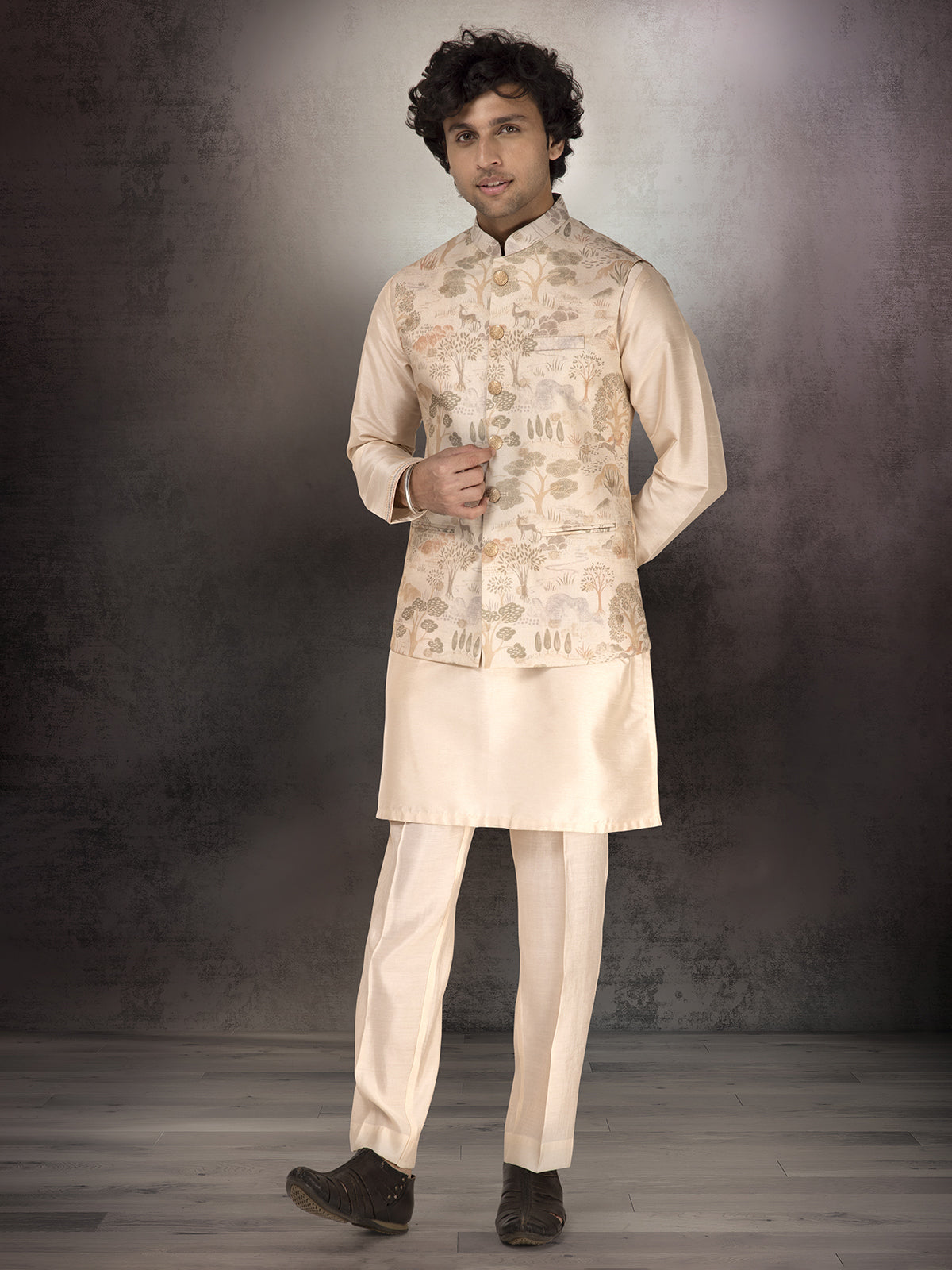 Cream silk printed waistcoat set with gentle sheen