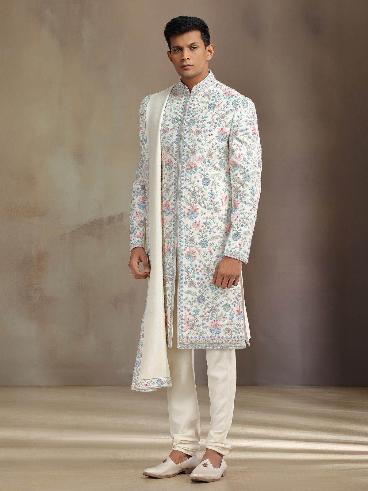 Cream silk sherwani with dupatta for wedding wear