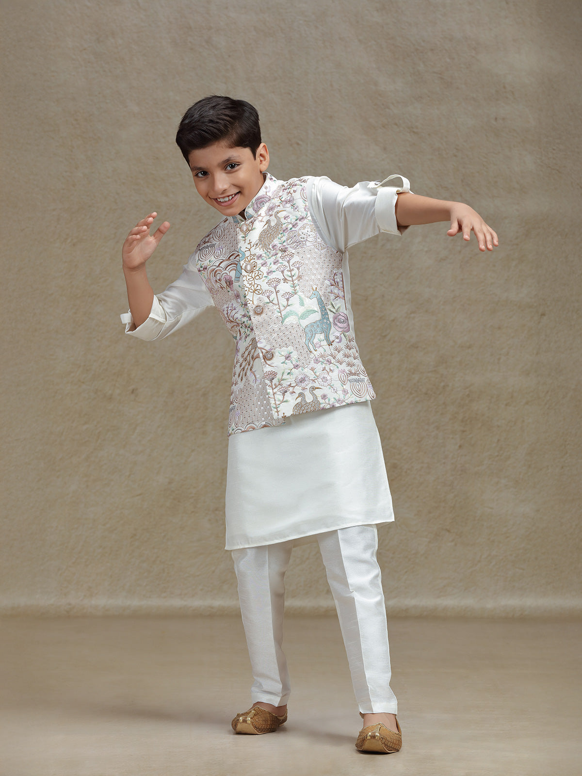 Cream silk waistcoat set for festive wear