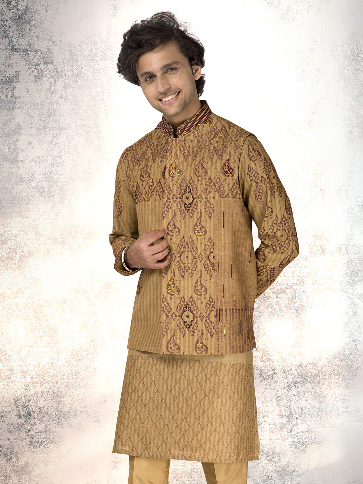 Dark beige munga silk block printed waistcoat set