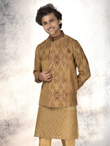 Dark beige munga silk block printed waistcoat set