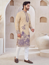 Dark Beige printed cotton kurta suit