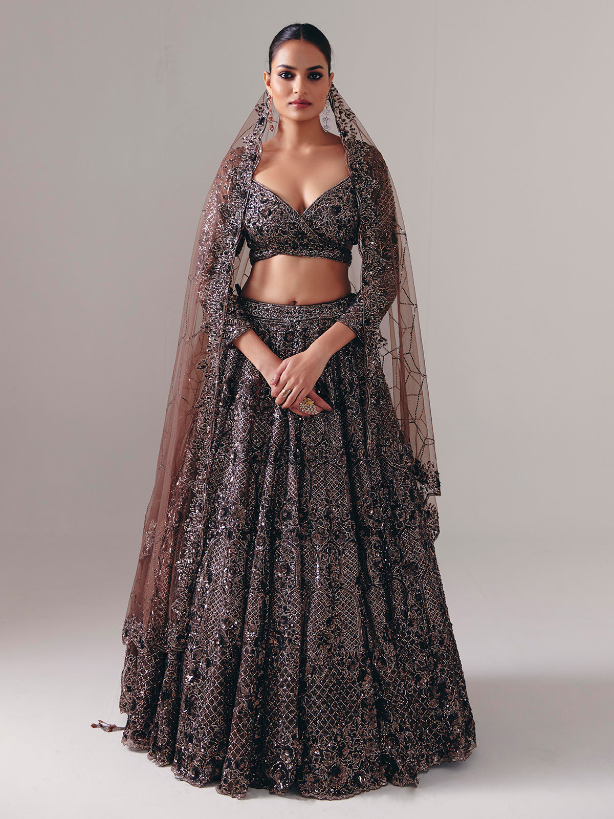 Dark brown net designer lehenga choli with dupatta