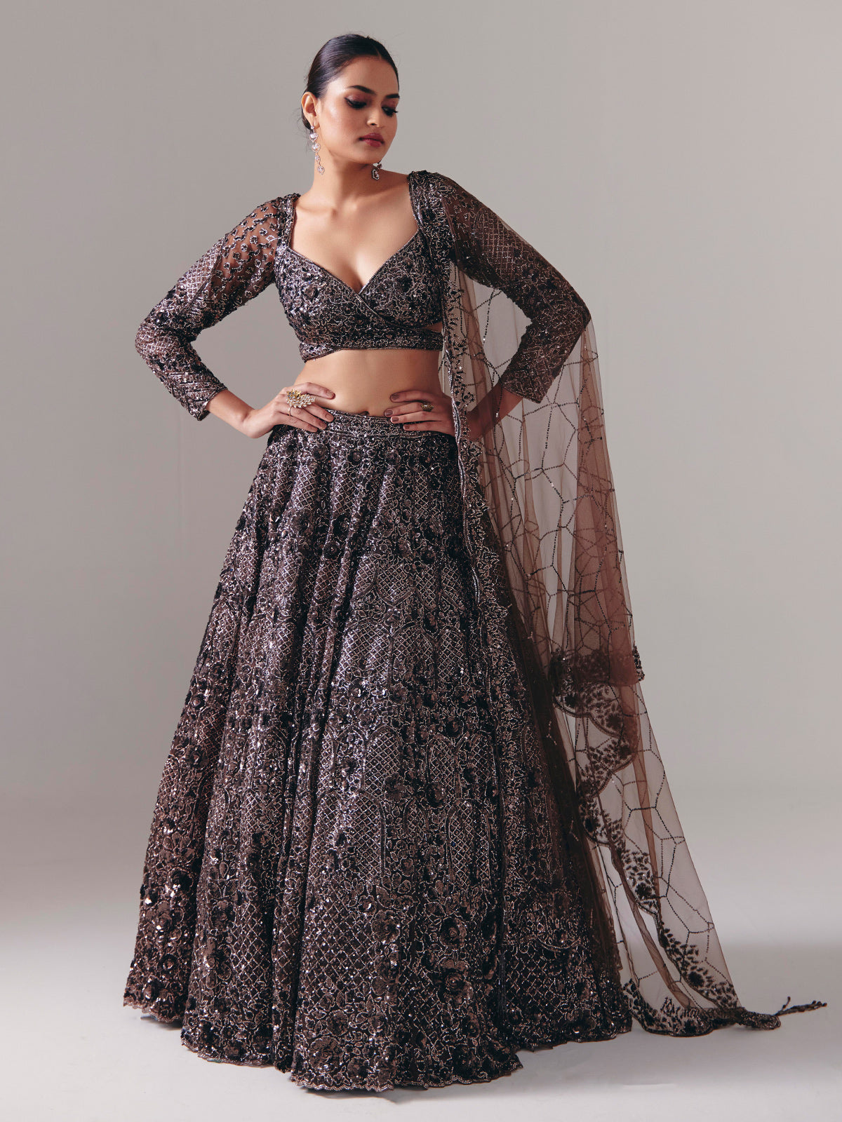 Dark brown net designer lehenga choli with dupatta