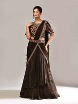 Dark brown silk lehenga choli with attached dupatta