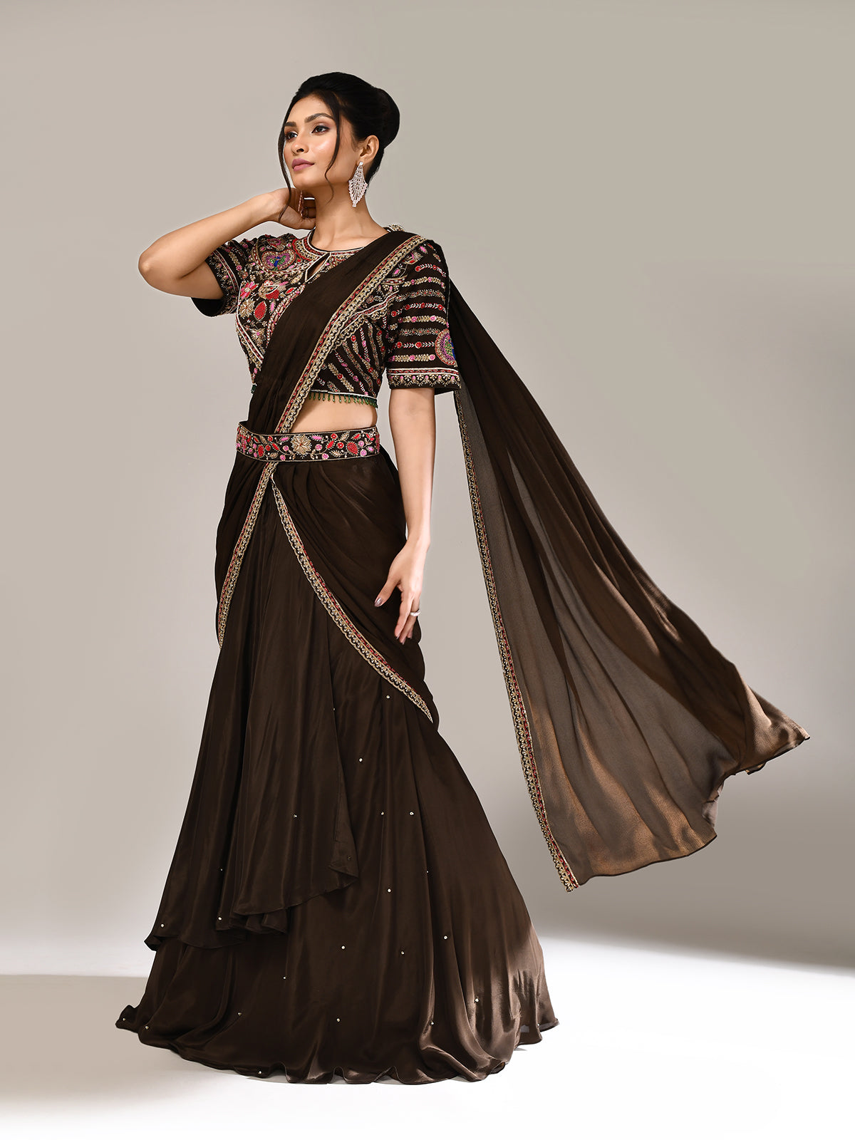 Dark brown silk lehenga choli with attached dupatta