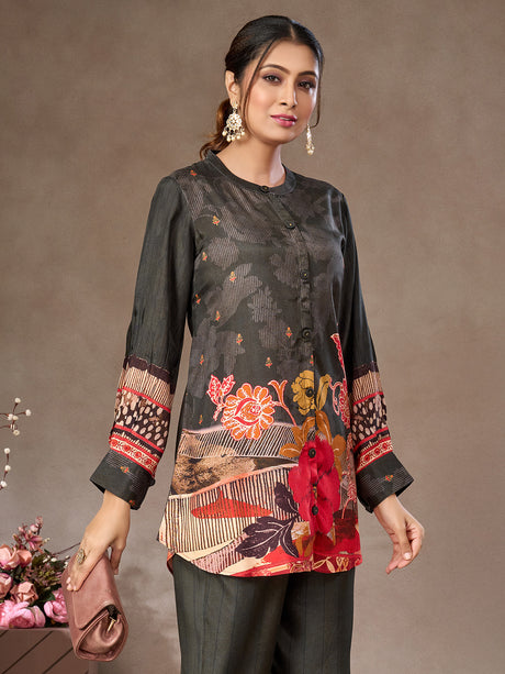 Dark grey floral printed crepe silk co-ord set