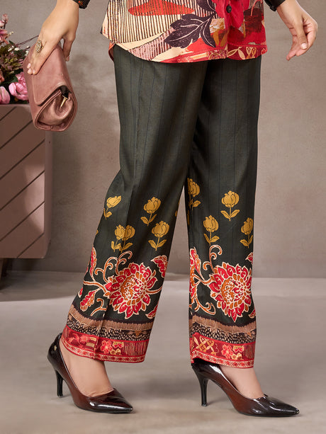 Dark grey floral printed crepe silk co-ord set