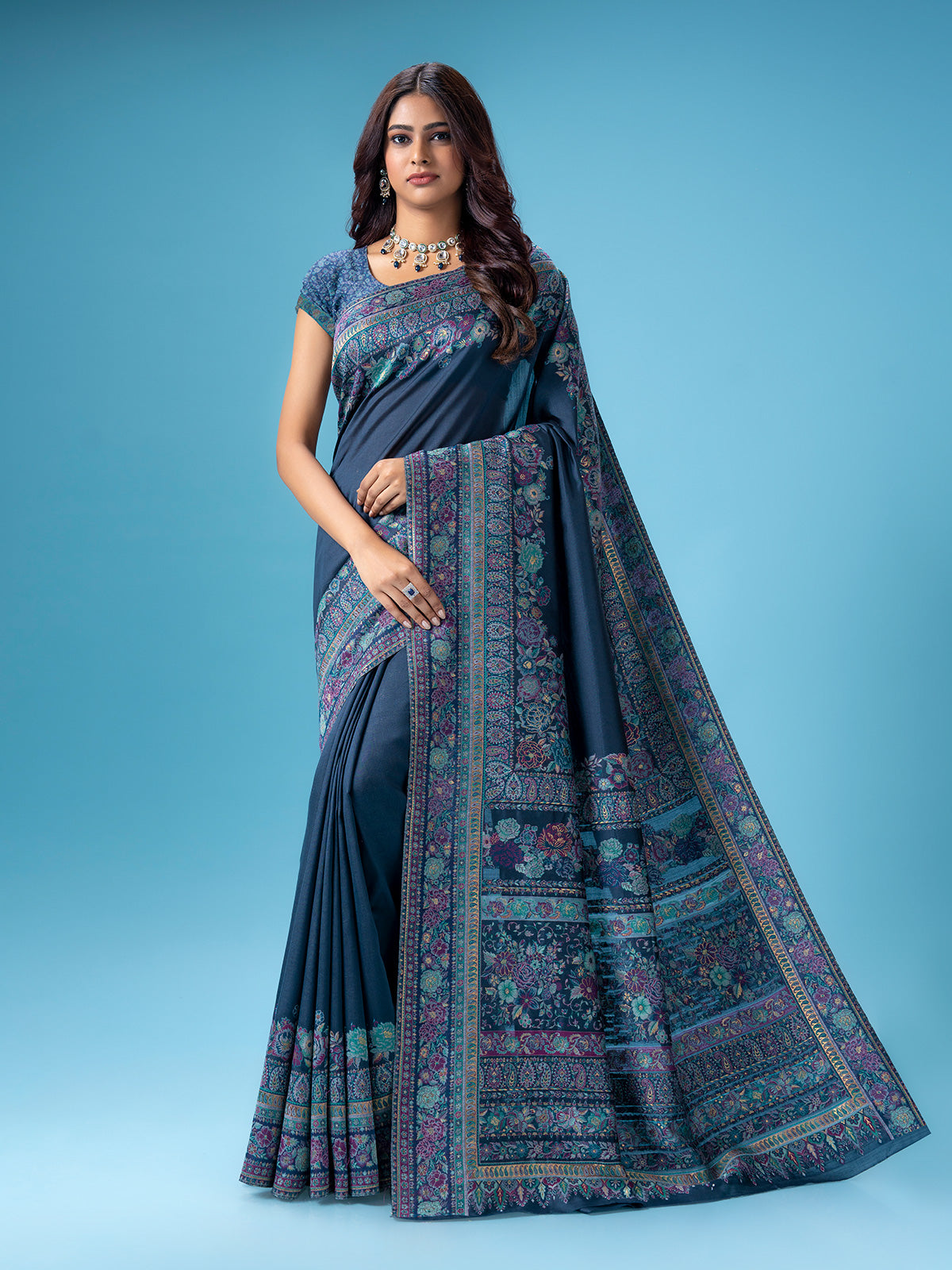 Dark grey pashmina silk saree for wedding wear