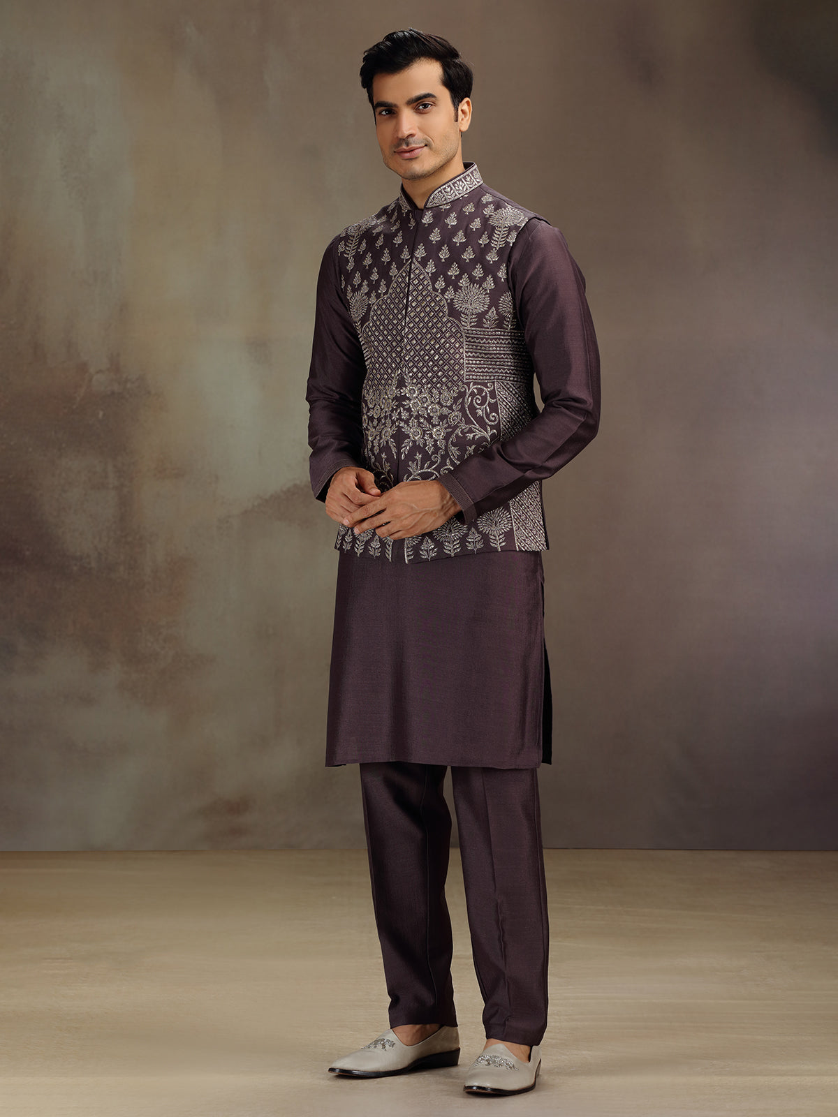 Dark wine wedding wear cotton silk waistcoat set