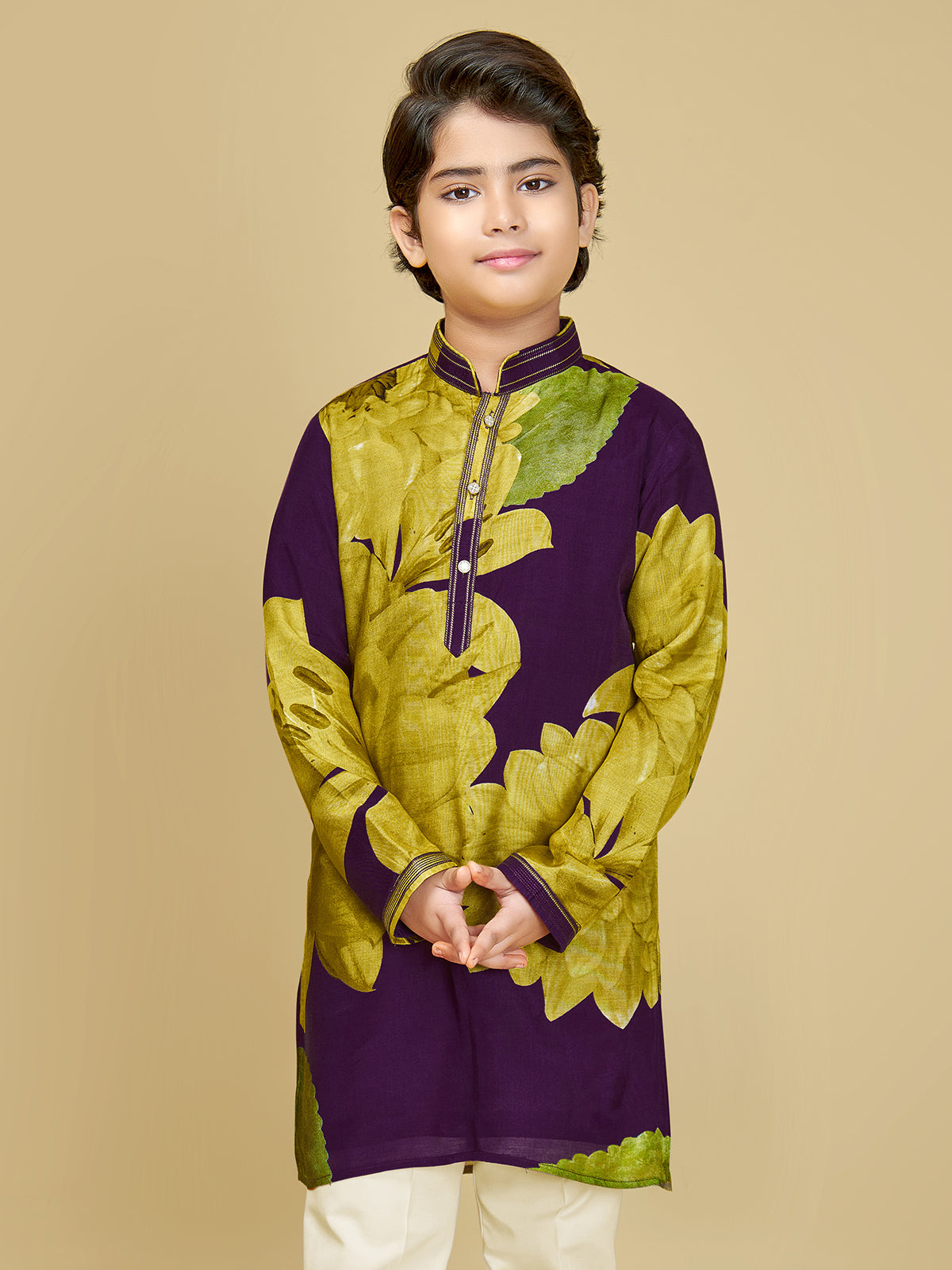 Dark purple cotton silk kurta suit with print pattern