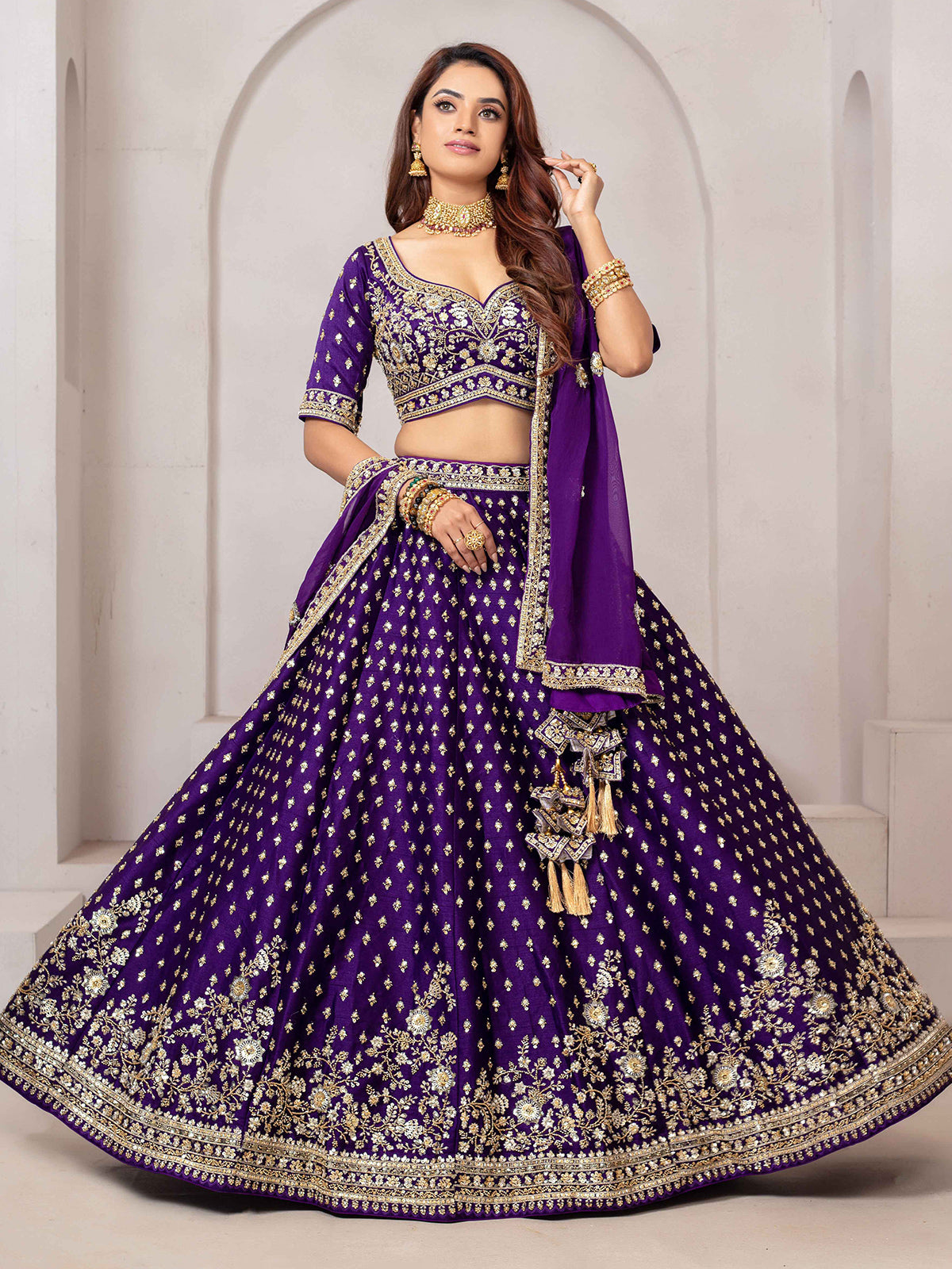Dark purple raw silk partywear lehenga choli