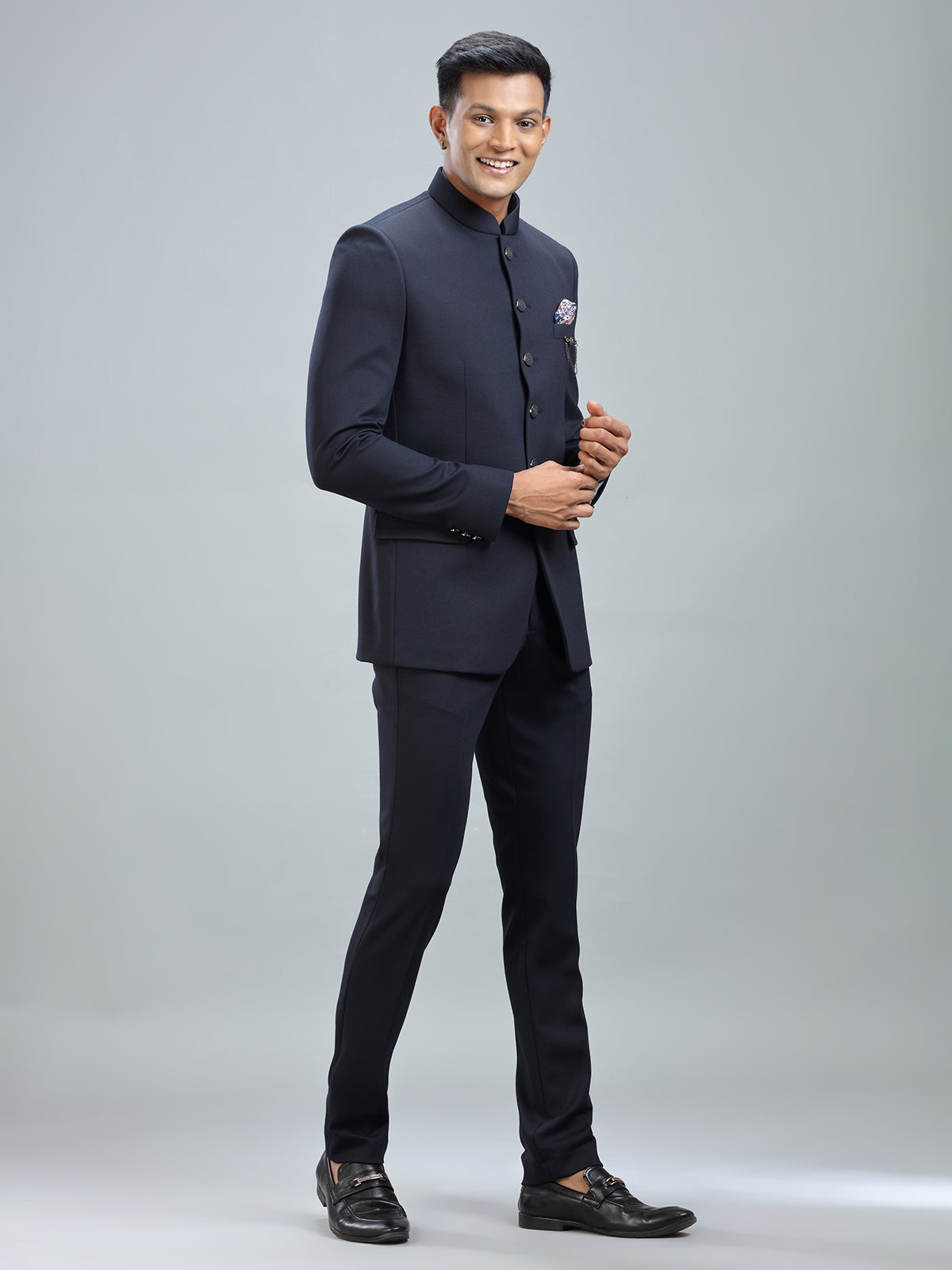 Dashing navy jodhpuri suit in premium terry rayon fabric
