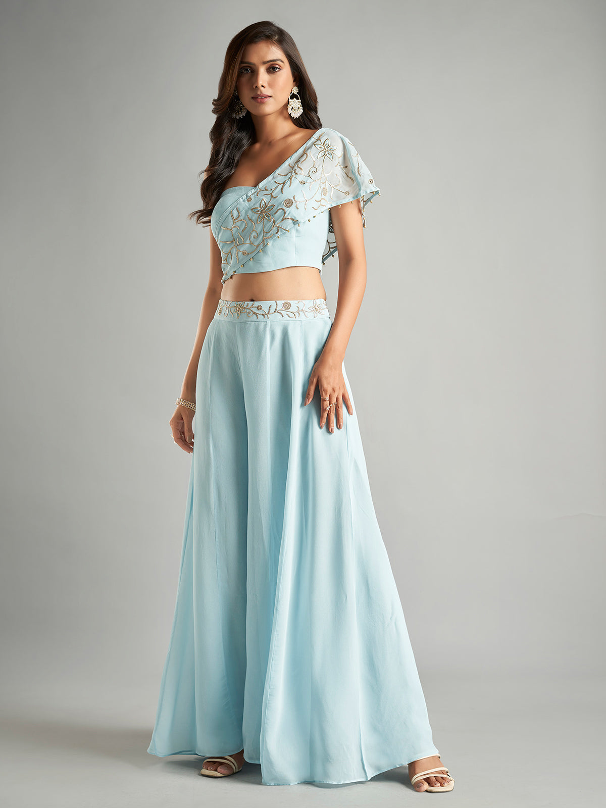 Dazzling sky blue georgette palazzo suit for women