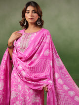 Deep pink printed silk kurti set for women
