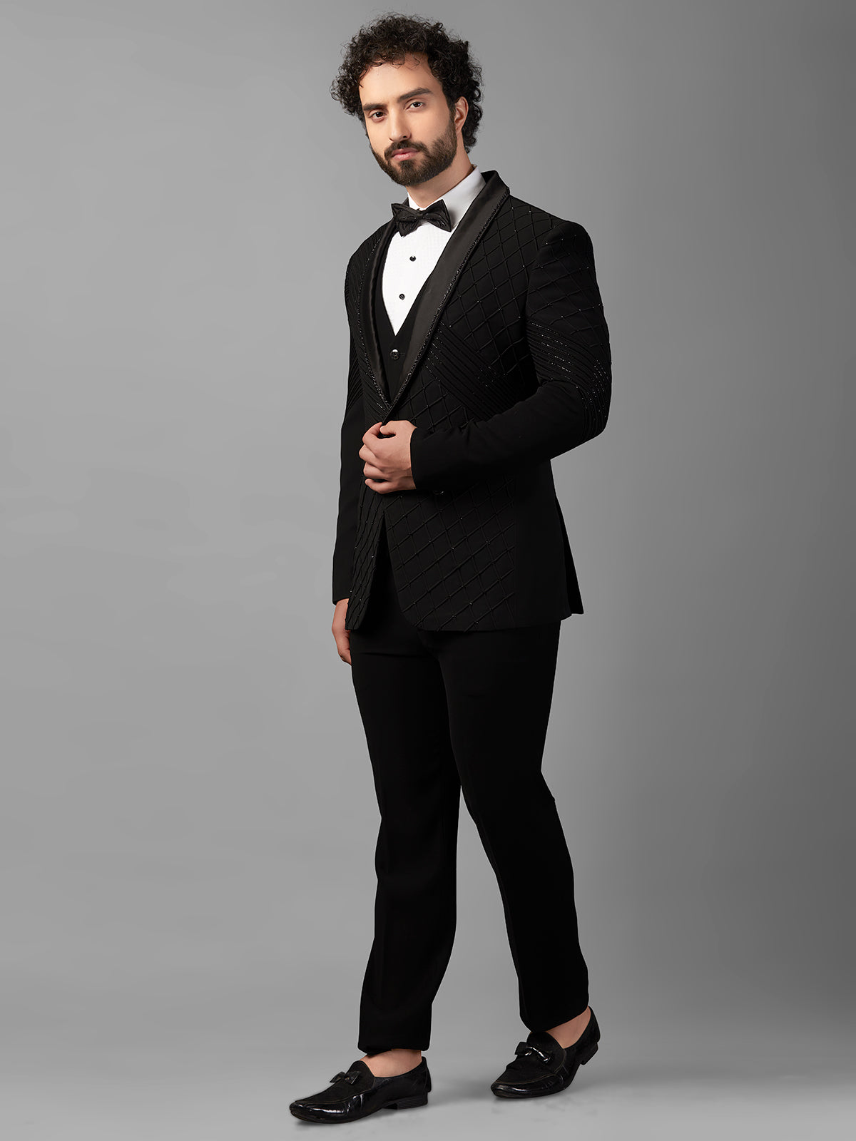 Designer black coat suit with cutdana work