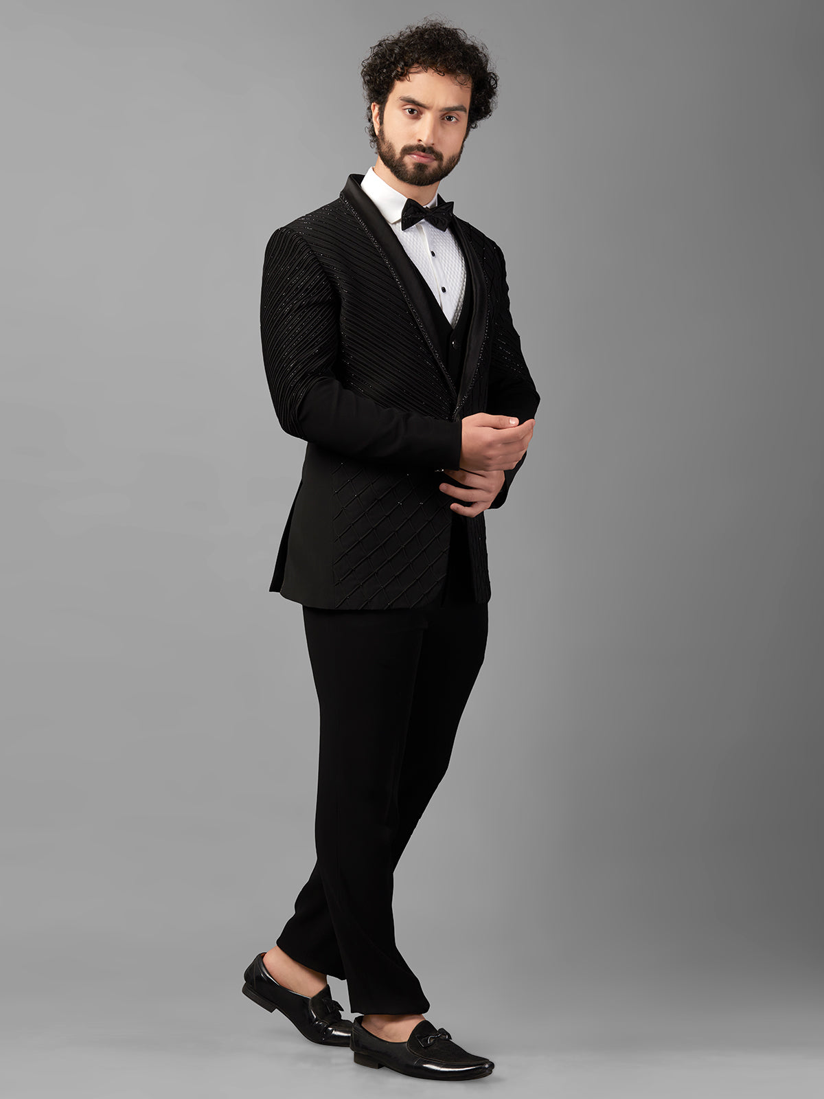 Designer black coat suit with cutdana work