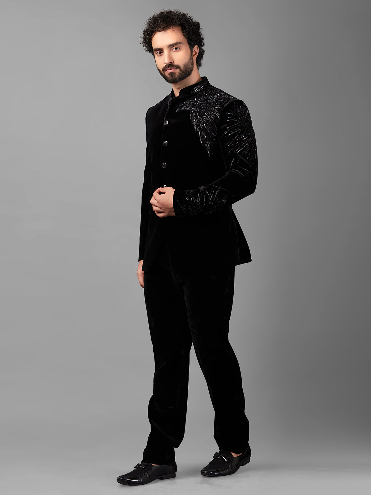 Designer black velvet jodhpuri suit