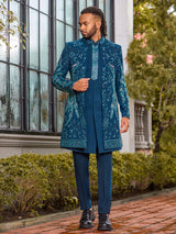 Designer blue art silk peacock motif indo western