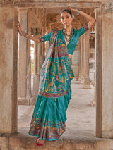 Dusty aqua silk printed saree