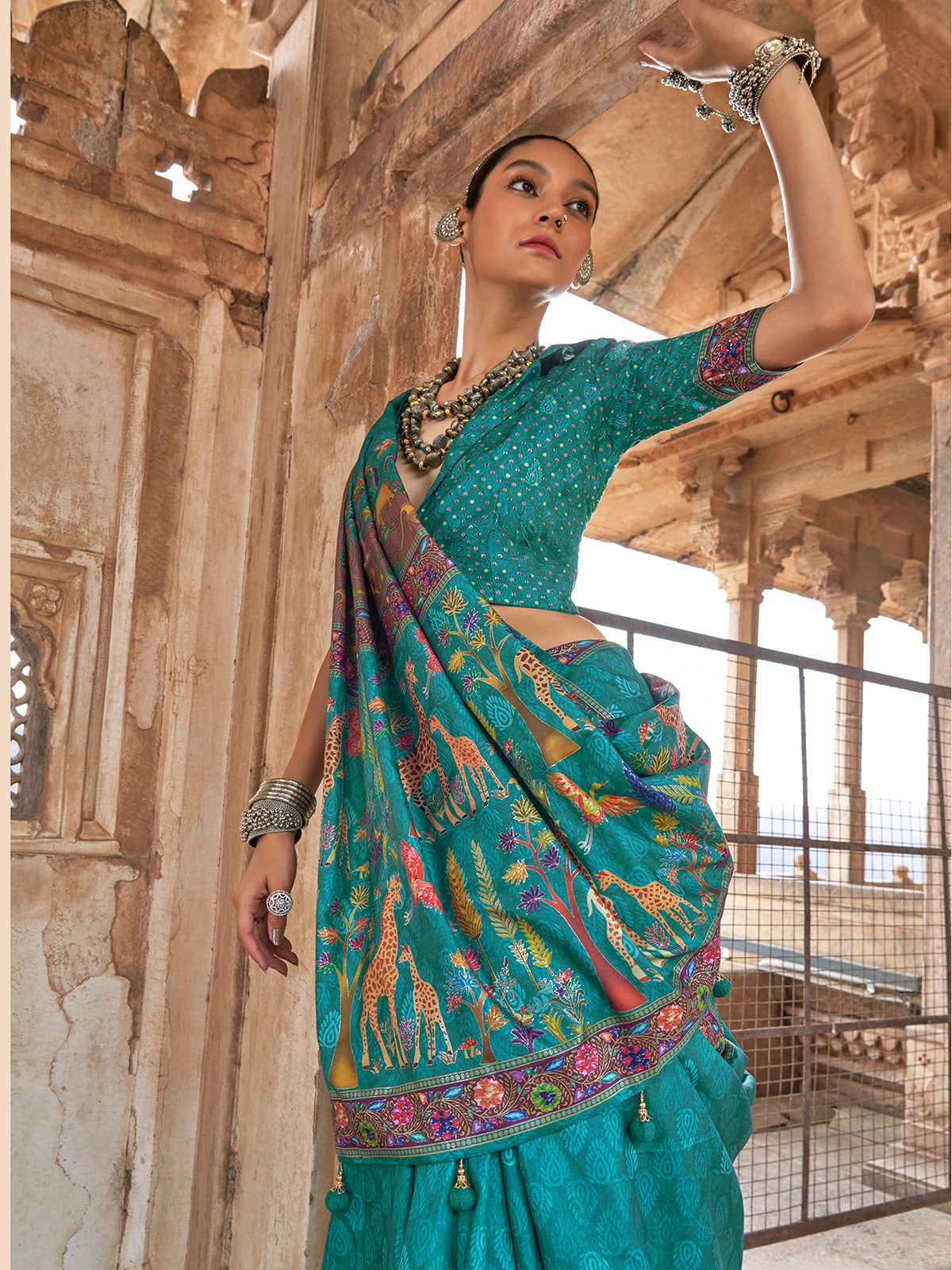 Dusty aqua silk printed saree