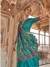 Dusty aqua silk printed saree