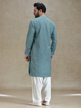 English green serene kurta set in symmetrical embroidery