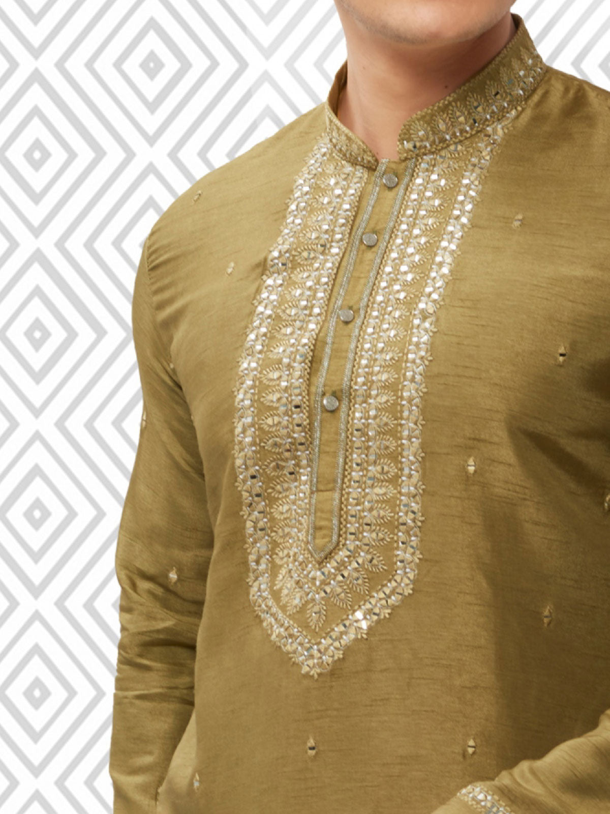 Evergreen olive cotton silk kurta set for men