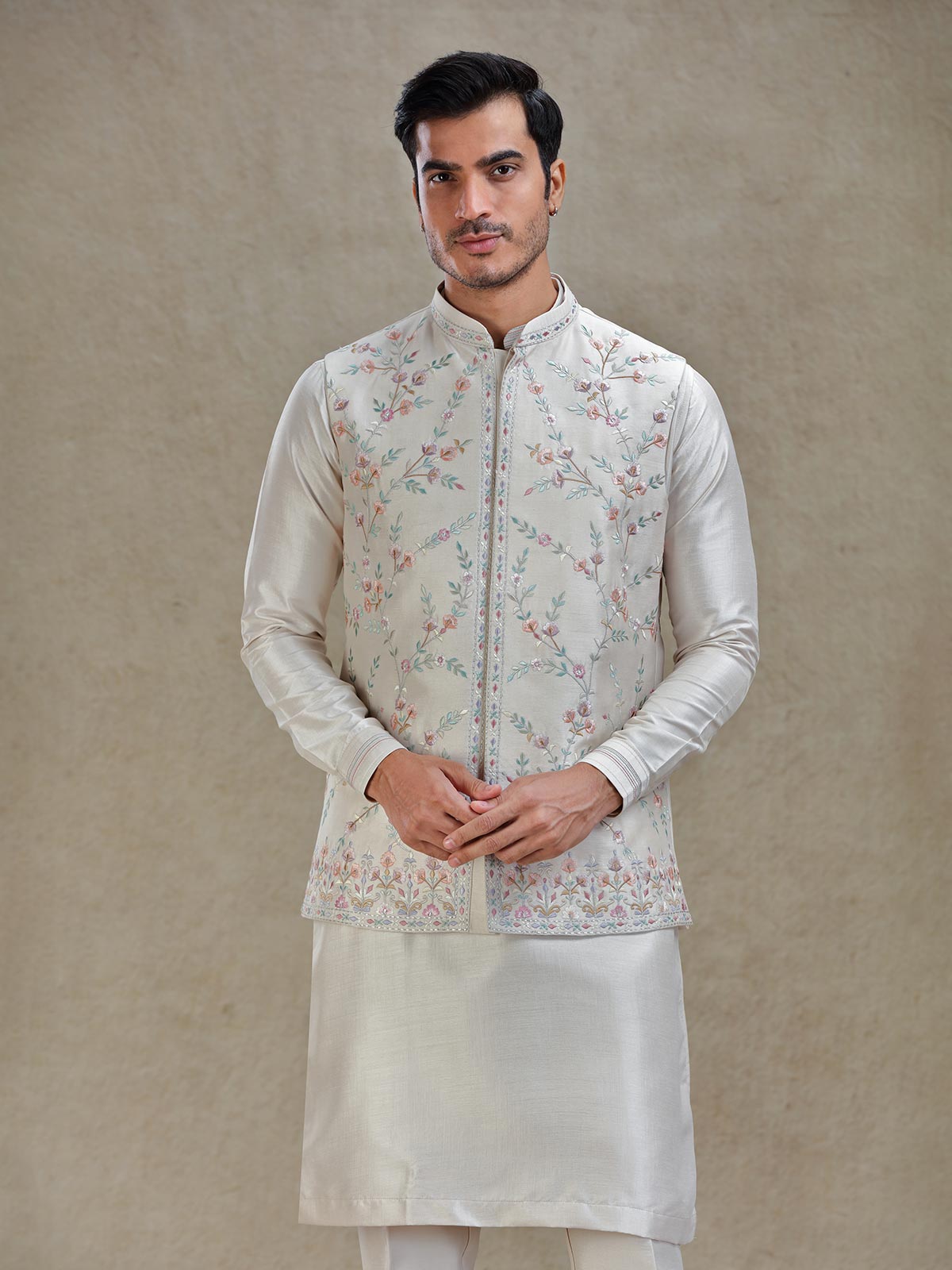 Fawn cream linen silk waistcoat set for wedding